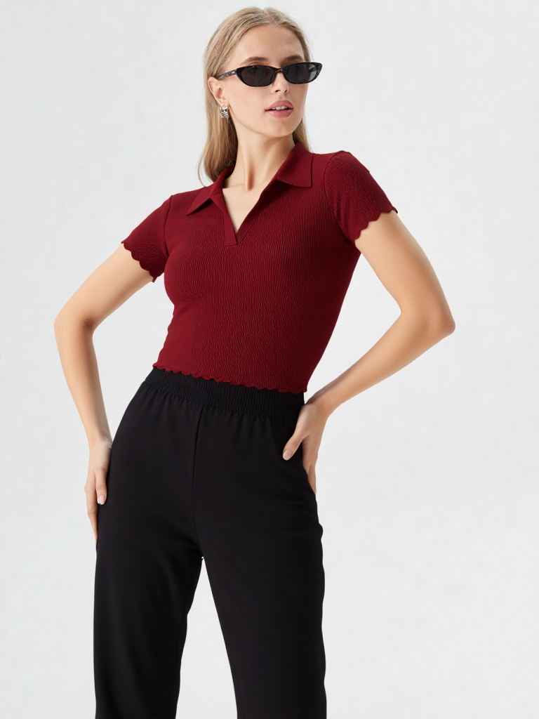 Half Sleeves Collar Neck Crop Top